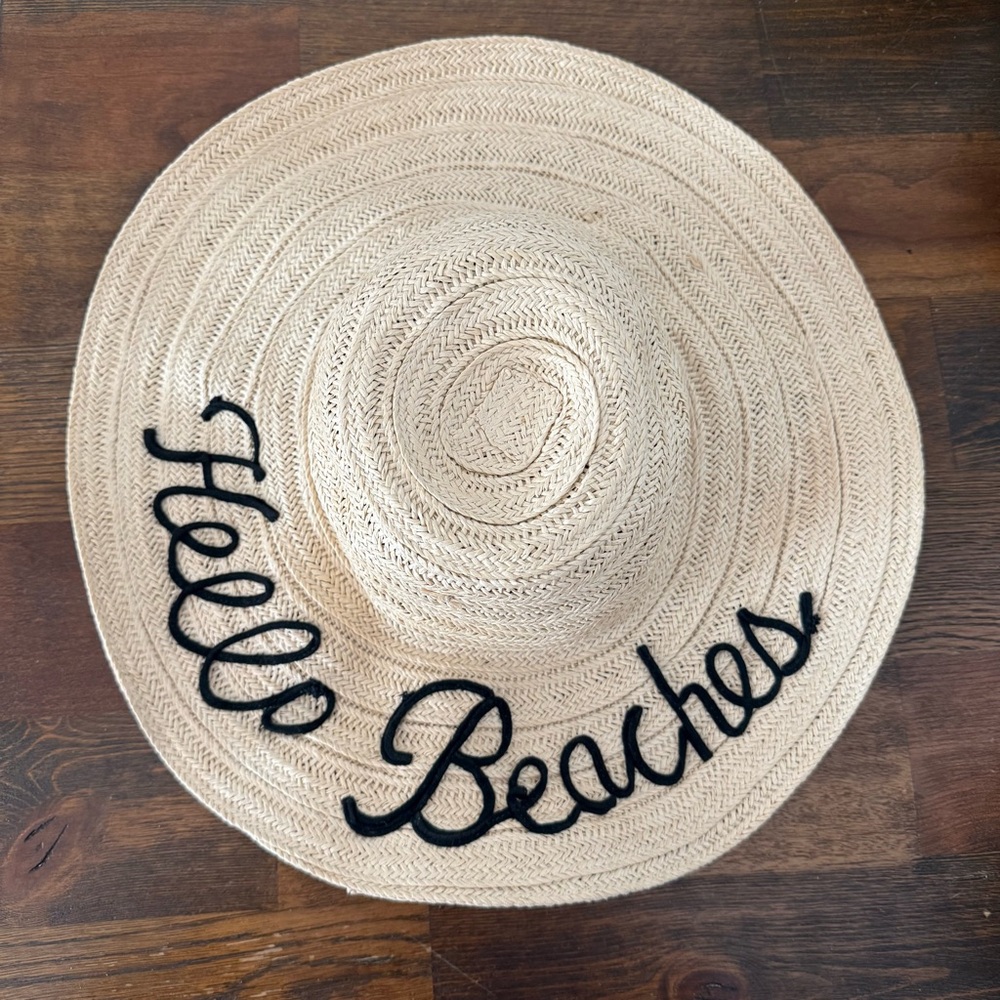 HELLO BEACHES Beige Straw Sun Hat with Black Embroidery